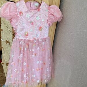 Pink Floral Dress with Tulle Overlay